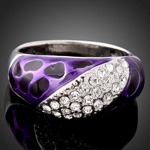 3-ROW SWAROVSKI CRYSTAL PURPLE ENAMEL RING-sz9